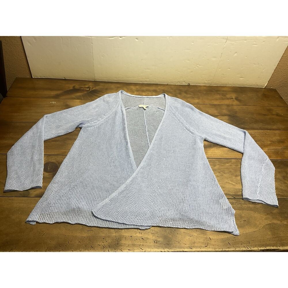 Eileen Fisher Linen Open Drape Front Cardigan Size Large Light Blue